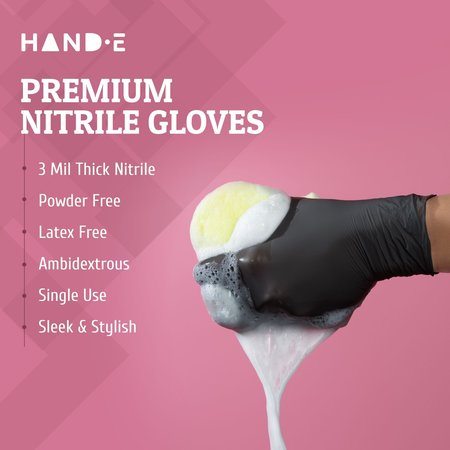 Hand-E Nitrile Disposable Gloves, 3 mil Palm, Nitrile, Powder-Free, XL, 200 PK, Black HND-82709